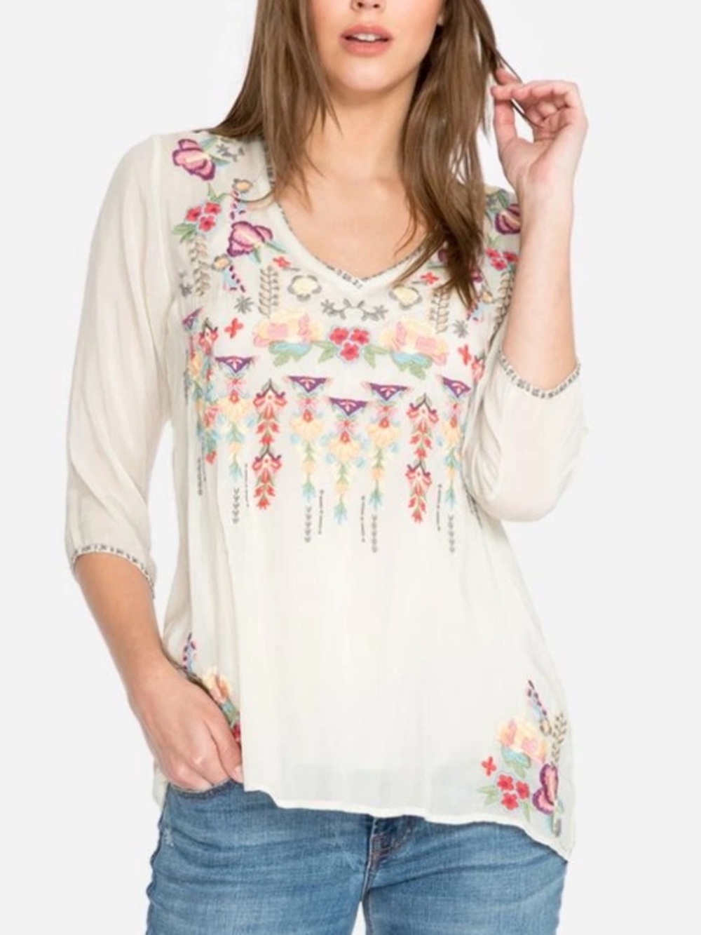 Johnny Was Nixie Embroidered V-Neck Blouse